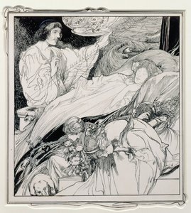 There She Lay, Looking So Beautiful, illustrasjon fra Briar Rose, The True Annals of Fairyland - The Reign of King Herla, pub. av J.M. Dent & Co. Ltd., 1900 av Charles Robinson