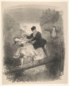 Ballettscene med mann og kvinne over avgrunnen Kunngjøringsbilletter til balletter og skuespill fremført i Amsterdam City Theatre (serietittel) av Charles Rochussen
