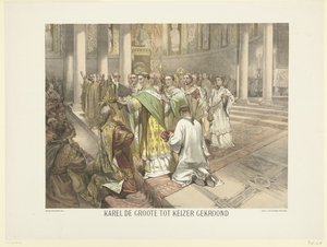 Karl den Store kronet til keiser, 800 Charlemagne kronet til keiser (tittel på objekt) Serie med 24 nederlandske historieplater, for skole og hjem (serietittel) av Charles Rochussen