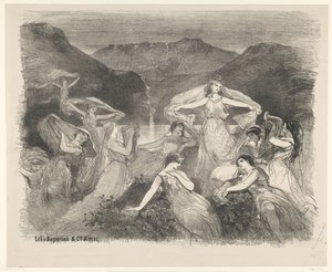 Scene fra balletten Zélie eller det magiske sløret Kunngjøringer om balletter og skuespill fremført i Amsterdam City Theatre (serietittel) av Charles Rochussen