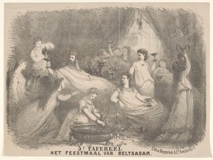 Scene fra stykket Belsasars fest Scene 5 The Banquet of Beltsasar (tittel på objekt) av Charles Rochussen