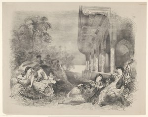 Scene fra lek med orientalske kvinner Kunngjøringer om balletter og skuespill fremført i Amsterdam City Theatre (serietittel) av Charles Rochussen