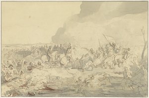 Kamp mellom kavaleri og fotsoldater i 1500-tallsdrakt av Charles Rochussen