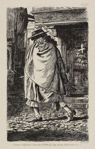 En kledd figur som går gjennom gaten (på pestens tid i London)