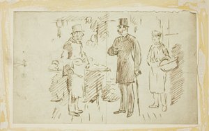 Herre i høy lue henvender seg til slakteren av Charles Samuel Keene