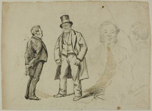 Skisse av to stående menn og to portretter av Charles Samuel Keene