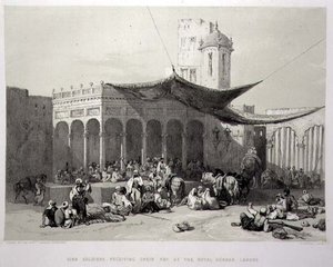 Panjab: Sikh Soldiers Receiving their Pay at the Royal Durbar, Lahore, plate 12 fra 