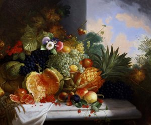 Stilleben av frukt (inkludert bringebær, druer, pasjonsfrukt, meloner, rips, ananas, fersken). Maleri av Charles Stuart (aktiv 1854–1904) Privat samling. av Charles Stuart