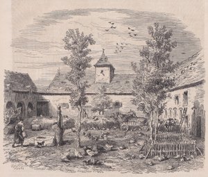 Innvendig utsikt over en gård, fra Le Magasin Pittoresque, ca. 1852.