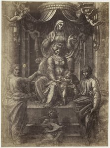 Fotoreproduksjon av en tegning av Rafael, Anna, Maria og Kristus