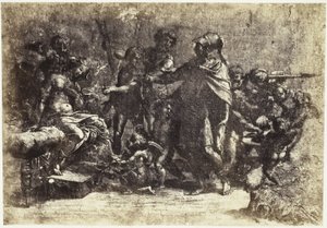 Fotoreproduksjon av en tegning av Raphael, scene med soldater, en naken kvinne og en engel