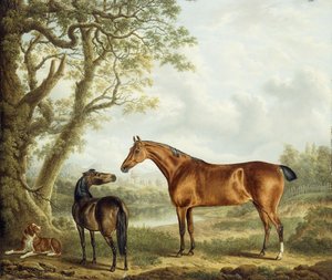 Jegere og en spaniel i et vidstrakt landskap, 1827 av Charles Towne