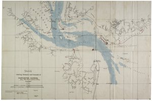 Skisse som viser forsvar og kanaler i Charleston Harbour, juni 1864 (blekk på oljeduk) av Charles V. Bartelle