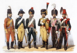 Kostymer til den franske hæren: Lancers gd: 1745 filjeger (under Louis XV); 1785 under Ludvig XVI; 1794 republikk; 1810 imperiale garde (1. imperium); 1824 kongegarde (restaurering); 1840, tegning av Charles Vernier (1831-1887).