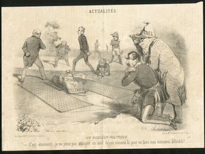 Illustrasjon av Charles Vernier (? -1887) i Le Charivari - En politisk fuglefugl - Republikkens president, Ministere de l'Interior - Thiers Adolphe, Napoleon III, Faucher Leon (1803-1854) - Portefølje av Charles Vernier