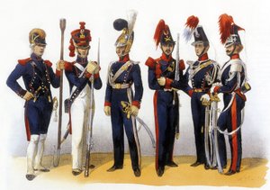 Uniformer av den franske hæren: Nasjonalgarden (artilleri og kavaleri) 1700-1800-tallet, gravering av Charles Vernier (1831-1887)