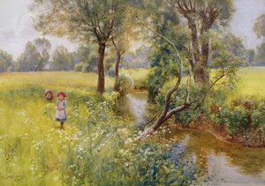 Plukking av sommerblomster ved bekken, 1899 (wc)