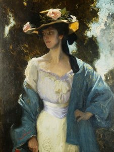 Portrett av Frances Josephine Furse, kunstnerens svigerinne iført en blå orientalsk jakke, 1903