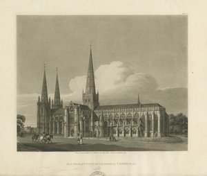 Lichfield Cathedral - South East View: akvatintgravering, 1813 av Charles Wild