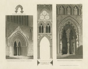Lichfield Cathedral - West Entrance, North Entrance og Nave: akvatintgravering av Charles Wild