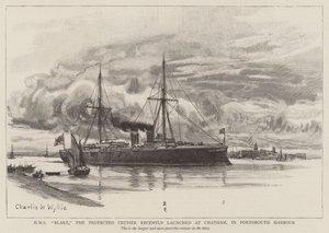HMS Blake, Protected Cruiser som nylig ble lansert i Chatham, i Portsmouth Harbor