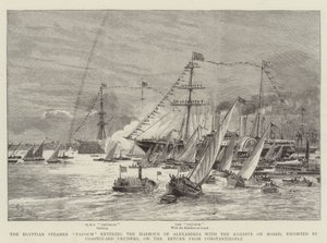 Den egyptiske dampbåten Fayoum kommer inn i havnen i Alexandria med Khedive om bord, eskortert av Coastguard Cruisers, på returen fra Konstantinopel av Charles William Wyllie