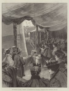 The Floating of HMS Majestic, i Portsmouth, 31. januar, døpte prinsesse Louise skipet av Charles William Wyllie