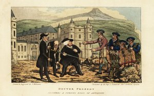 En skotsk murer som informerer engelske turister om at deres rustne gamle falchion-sverd er et moderne blad av Andrea Ferrara foran Holyrood Palace, Edinburgh