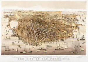 The City of San Francisco, fugleperspektiv fra bukten ser sør-vest, utgitt av Currier & Ives av Charles Richard Parsons