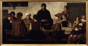 Benedicite Familie ber ved bordet. Maleri av Charles Groux dit Degroux (1825-1870) (ec.belg.) 1860 søn. 0,78x1,51 m Paris, musee d