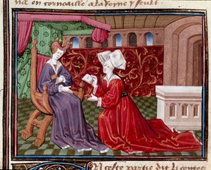 En tjenestepike som bærer et brev til dronning Iseult (eller fornærmelse) miniatyr hentet fra "" Romanesque du Chevalier Tristan"" av mester Charles av Maine 1440-1460. Chantilly, Conde-museet