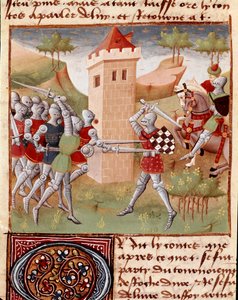 Lancelot du Lac fighting knights Miniatyr hentet fra "" Roman du Chevalier Tristan"" av Master Charles de Maine (Beroul-versjon). 1440-1460. Chantilly, Condé-museet