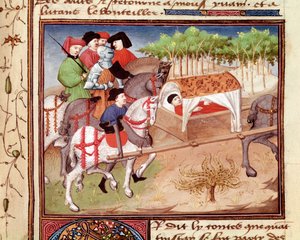 Lucan-sår av Tristan Miniature hentet fra "" Romanesque du Chevalier Tristan"" av mesteren Charles de Maine (Beroul-versjon)