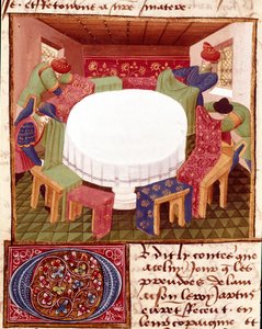 Forberedelser til det runde bordet ved ankomsten til miniatyrridderne hentet fra "" Romanesque du Chevalier Tristan"" av Master Charles de Maine (Beroul-versjon). 1440-1460. Chantilly, Conde-museet