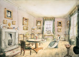 The Drawing Room, East Wood, Hay, f54 fra et album med interiør, 1843 av Charlotte Bosanquet