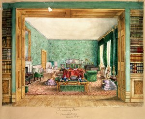 The Drawing Room at Meesdenbury, f13 fra An Album of Interiors, 1843 (wc på papir) av Charlotte Bosanquet