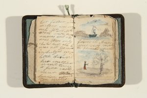Historiens begynnelse «Det var en gang en liten jente og hette Ane, ca. 1828 (penn og blekk og akvarell på papir)