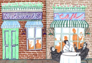 Cafe, 2017 (penselpenner) av Charlotte Orr