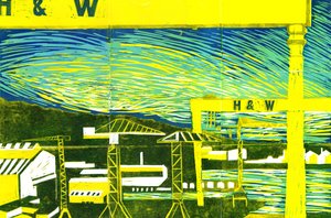 Harland & Wolff Cranes, Belfast, 2022 (linoprint) av Charlotte Orr