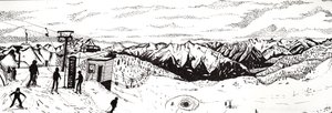 Ski i Østerrike, 2020 (fine liner på papir) av Charlotte Orr