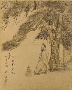 Forbereder eliksiren under en furu, Qing-dynastiet, 1651 (blekk på gullpapir) av Chen Hongshou