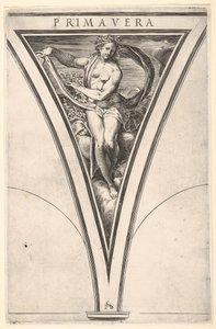 Spring Primavera representert som en kvinne som bærer en bølgende drapering og kranser..., ca. 1570-1615. av Cherubino Alberti