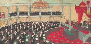 Illustrasjon av den keiserlige forsamlingen til House of Peers Teikoku gikai kizokuin no zu..., 1890.