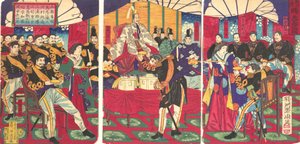 Illustrasjon av de ærede kommandantene, mottar keiserens gavebeger Kunko..., september, 1877. av Chikanobu Yoshu