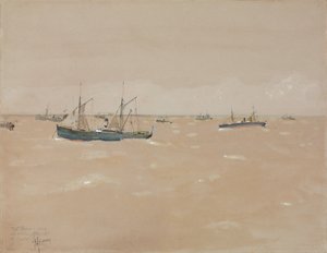 Fruktdampere som kjører ut et slag utenfor Spanias kyst av Childe Frederick Hassam
