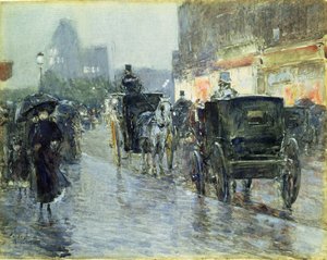 Horse Drawn Cabs at Evening, New York, ca. 1890 (akvarell og gouache på papir) av Childe Frederick Hassam