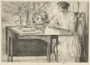 The Colonial Table (Holley House, Cos Cob) (recto); Landskap med låve (verso) av Childe Hassam