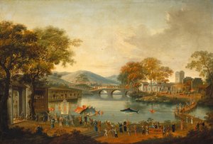 Prosesjon ved en innsjø av Chinese Qing Dynasty