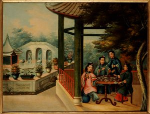 En kinesisk hagescene med damer som tar te, midten av 1800-tallet av Chinese School