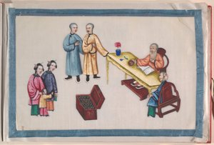 Album, sent på 1800-tallet (album med tolv blader; blekk og farge på margpapir, innbundet i rød damask) av Chinese School